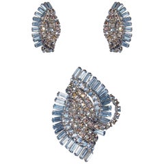 Vintage 1950s Diamante Earrings and Brooch Set in Aquamarine