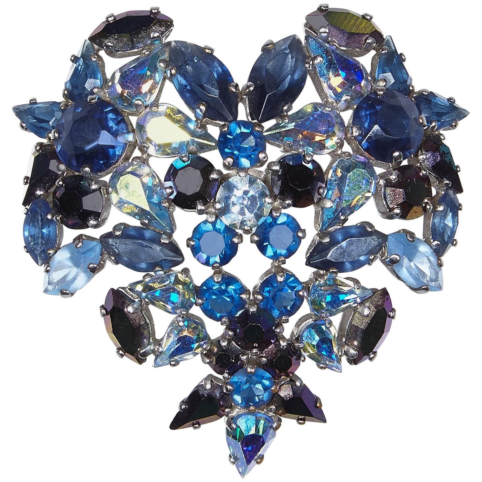 Christian Dior 1950s Swarovski Crystal Blue Heart Brooch by Henkel & Grosse