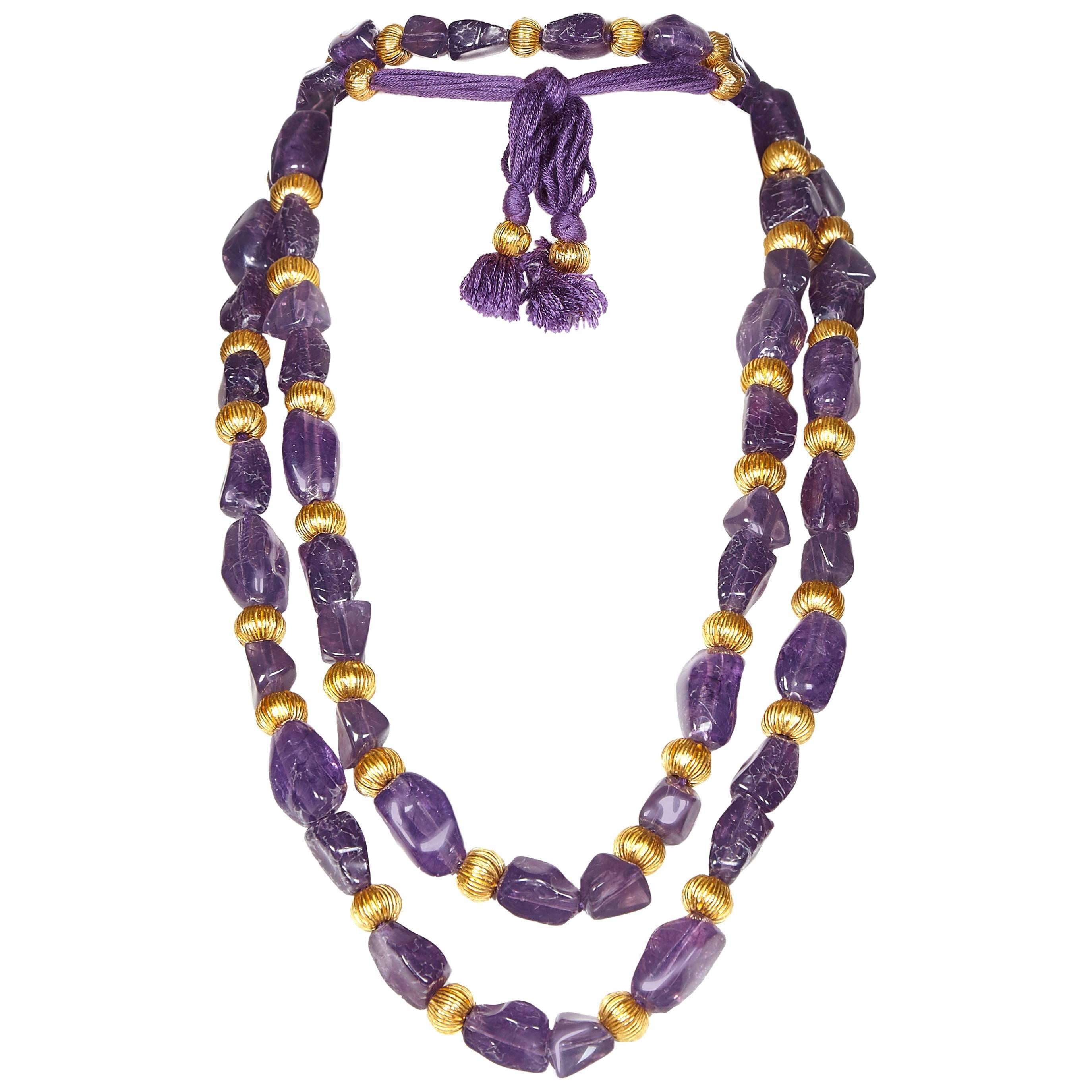 Chanel 1990s Faux Amethyst Necklace / Belt with Gold Gilt Beads & Tassel Detail