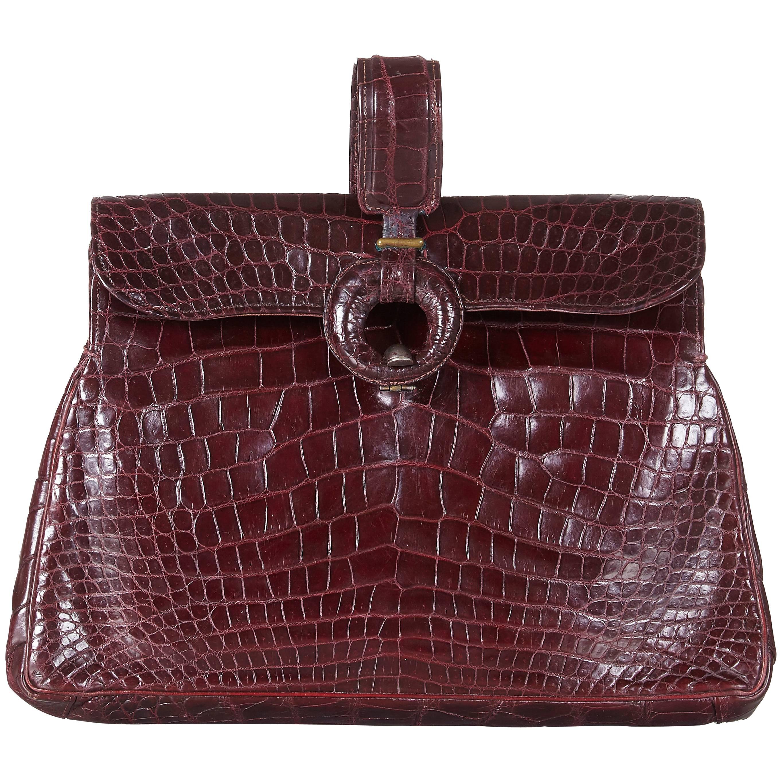 Original 1940s Large Burgundy Crocodile Skin Clutch Bag 