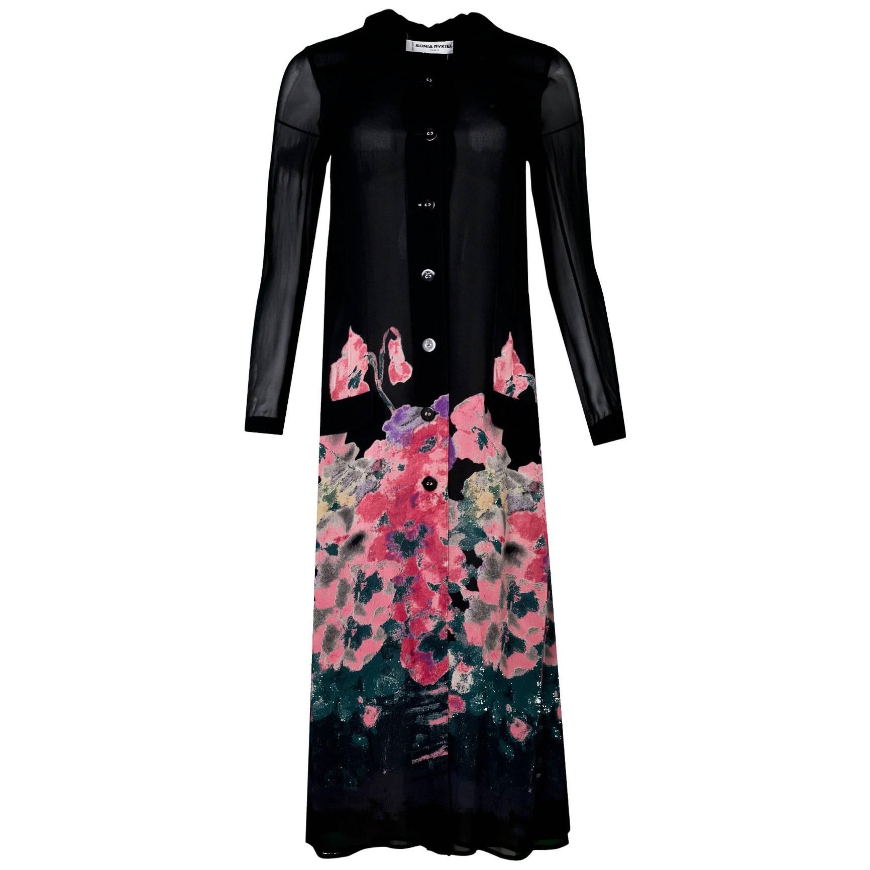 Sonia Rykiel Black & Pink Floral Sheer Duster/Dress Sz M