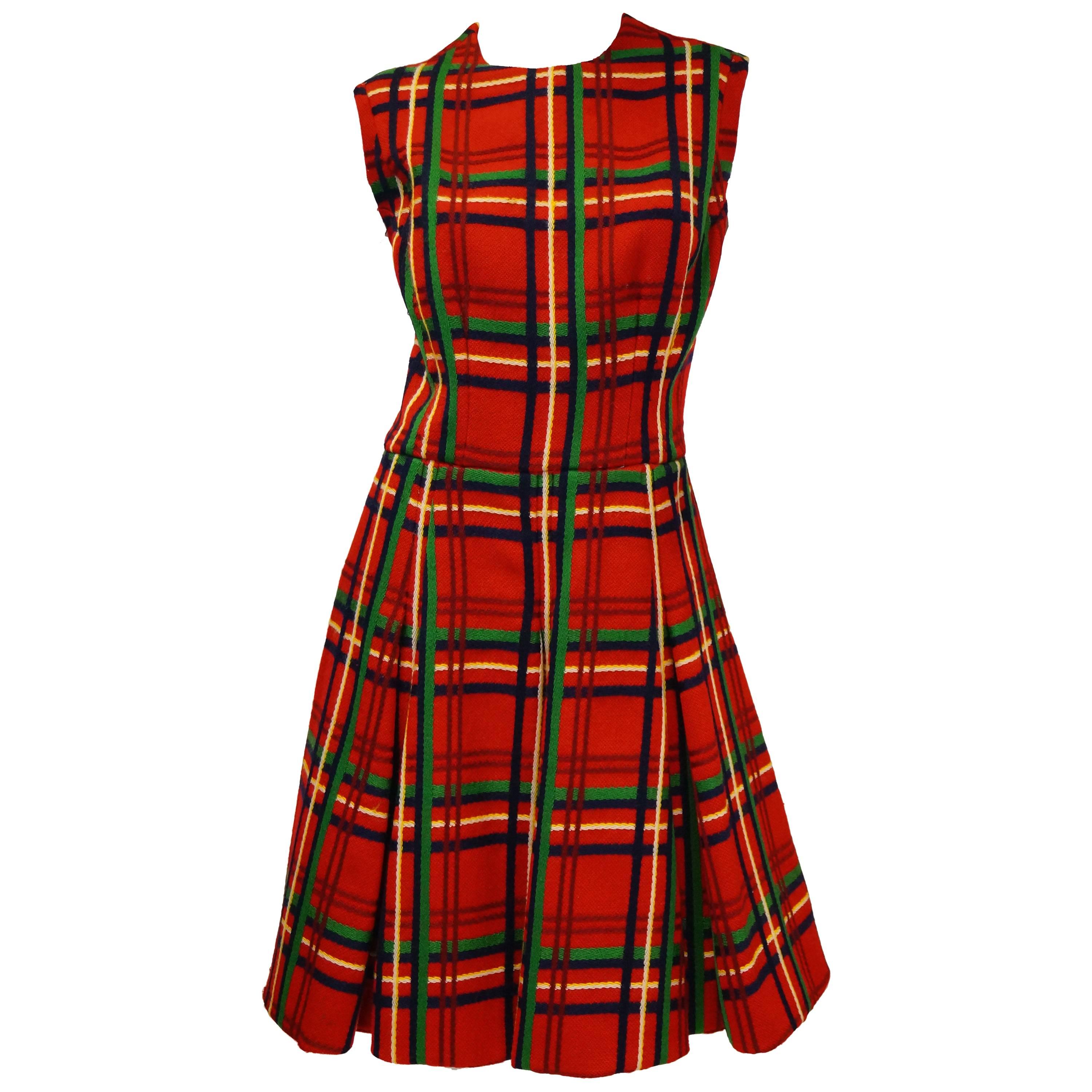 1970s Galanos Red Plaid Dress and Jacket For Sale