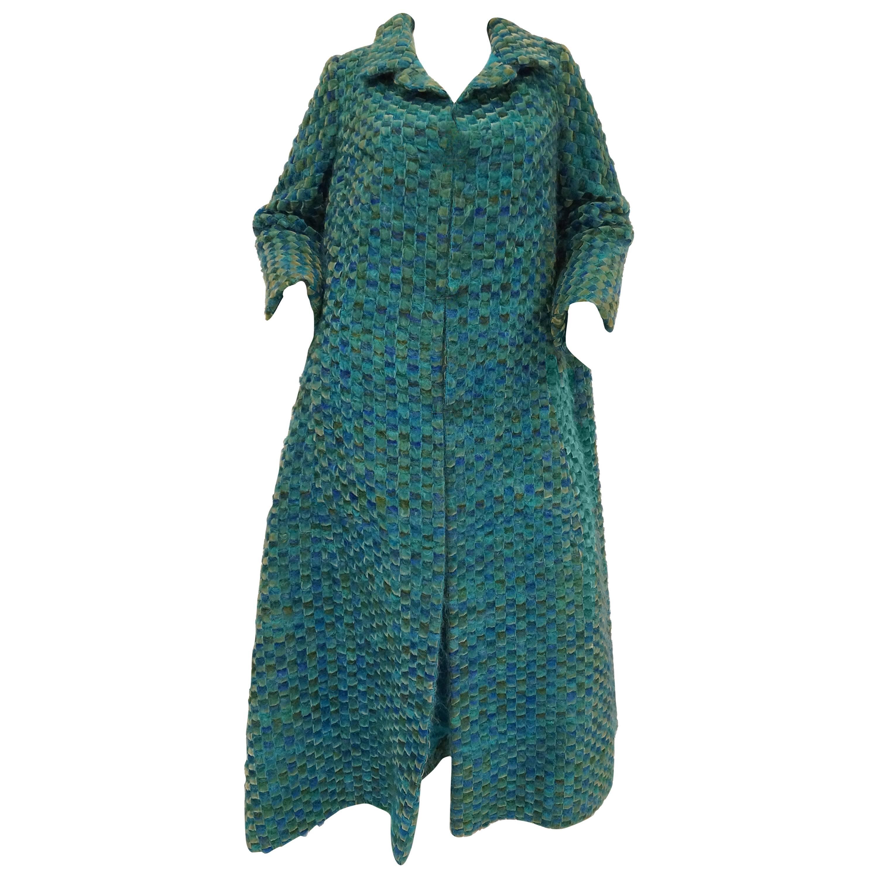 1960s Nina Ricci Haute Couture Angora and Velvet Turquoise Cape Coat For Sale