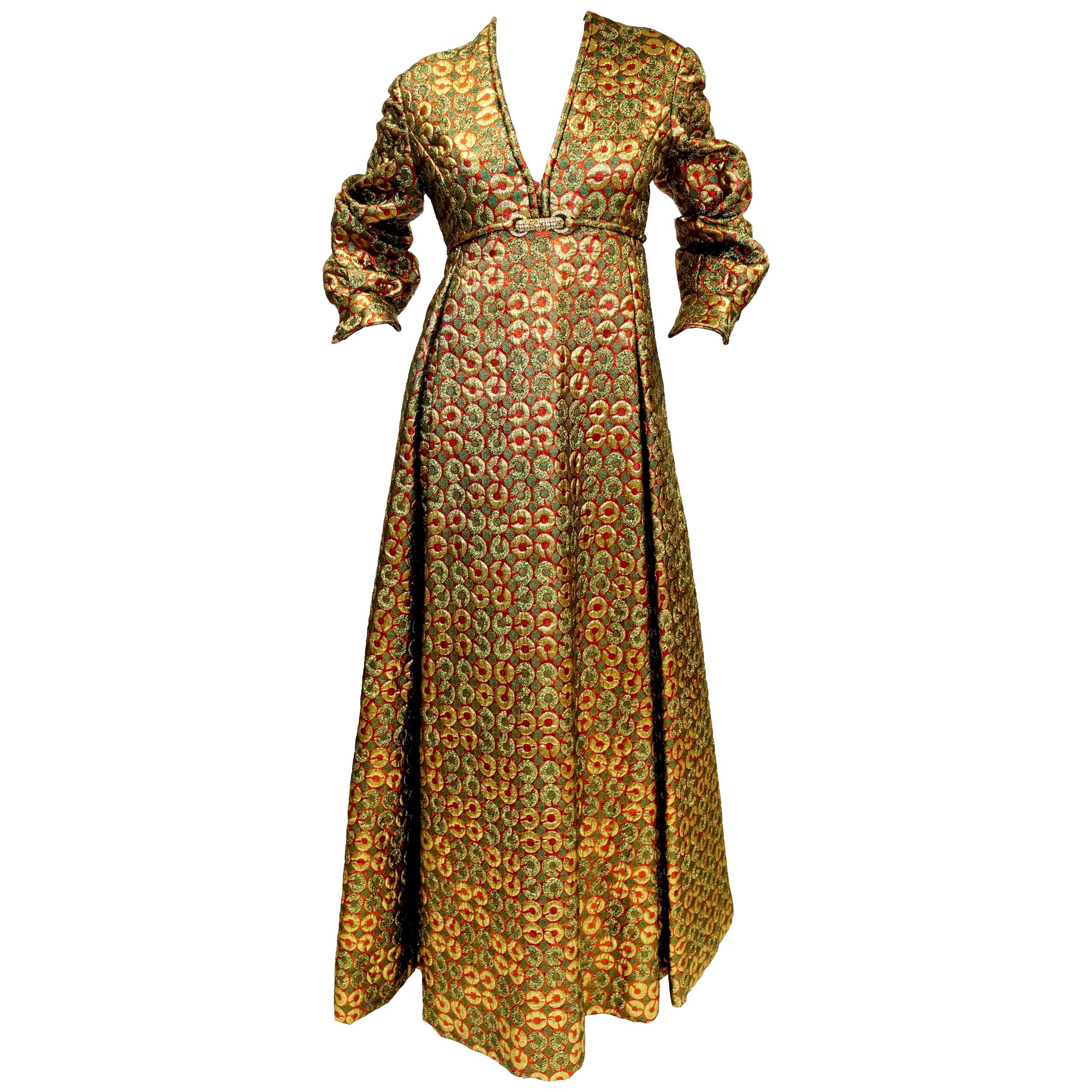 1970s Malcolm Starr Gold Green Metallic Maxi Dress  For Sale