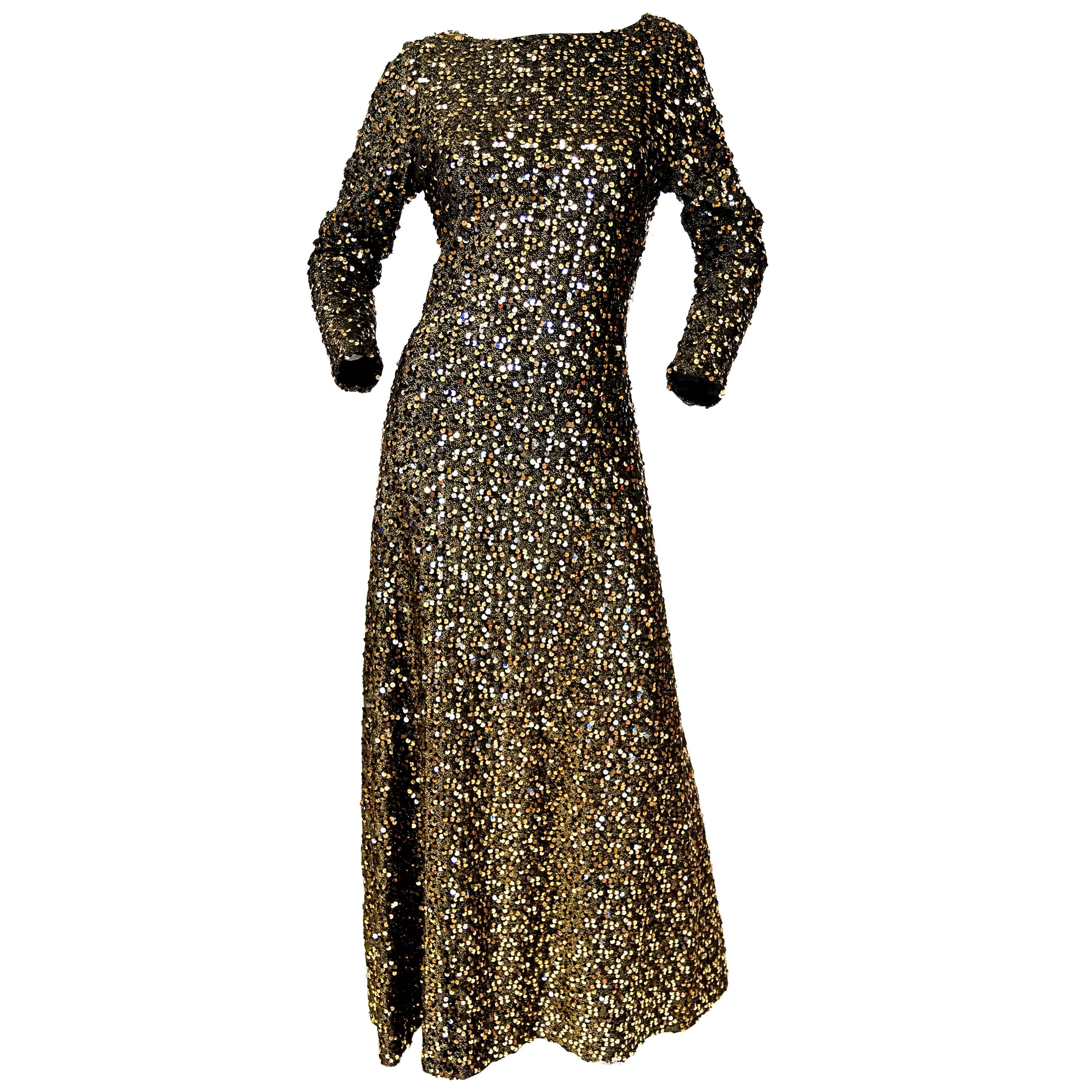1970s Jill Richards Plunge Back Fully Sequined Black and Gold Evening Dress