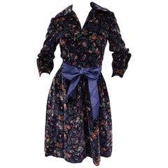 Vintage 1970s Mollie Parnis Boutique Purple Velvet Dark Floral Dress