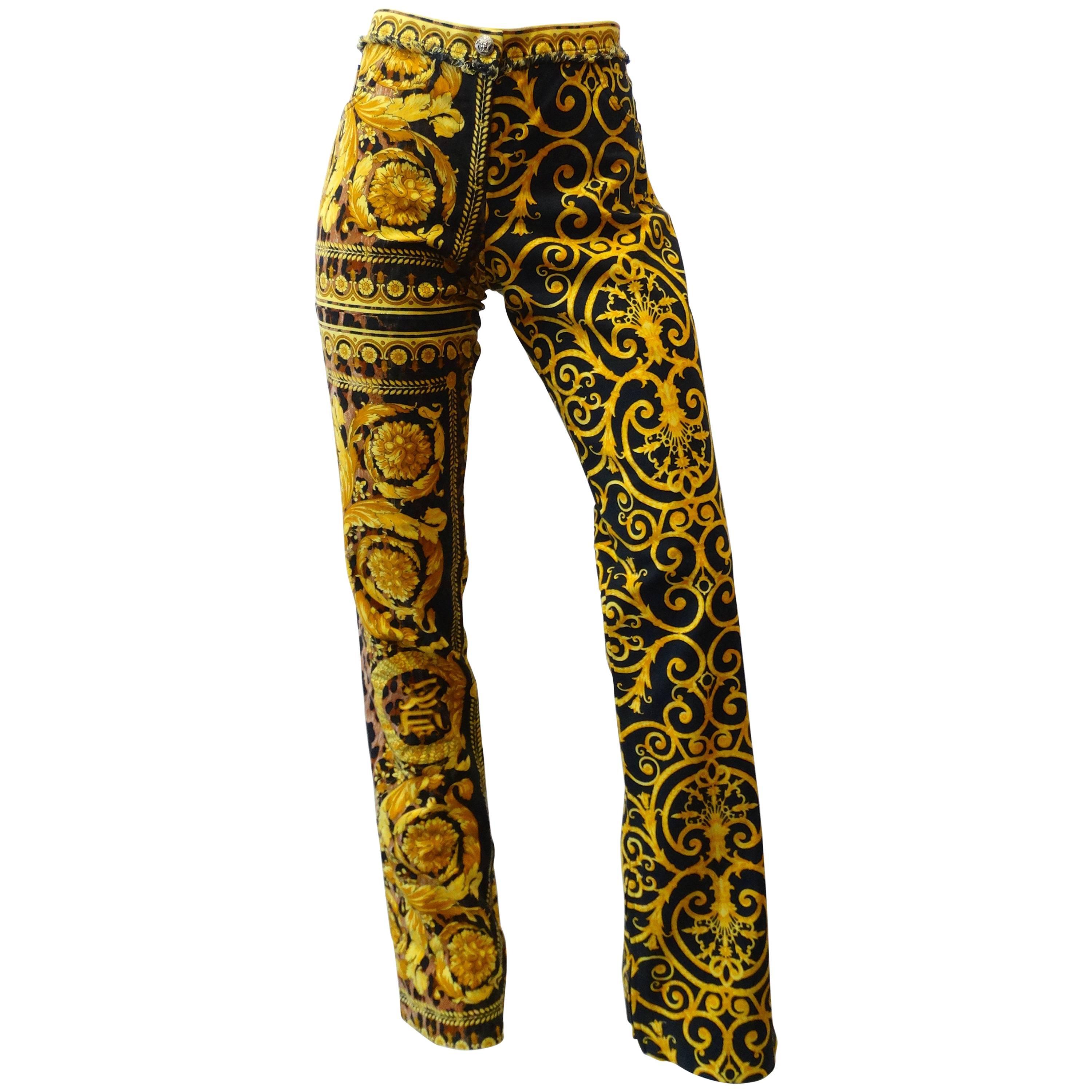 1990s Versace Gold and Black Baroque Pants 