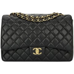 CHANEL Black Lambskin Maxi Double Flap with Gold Hardware 2011
