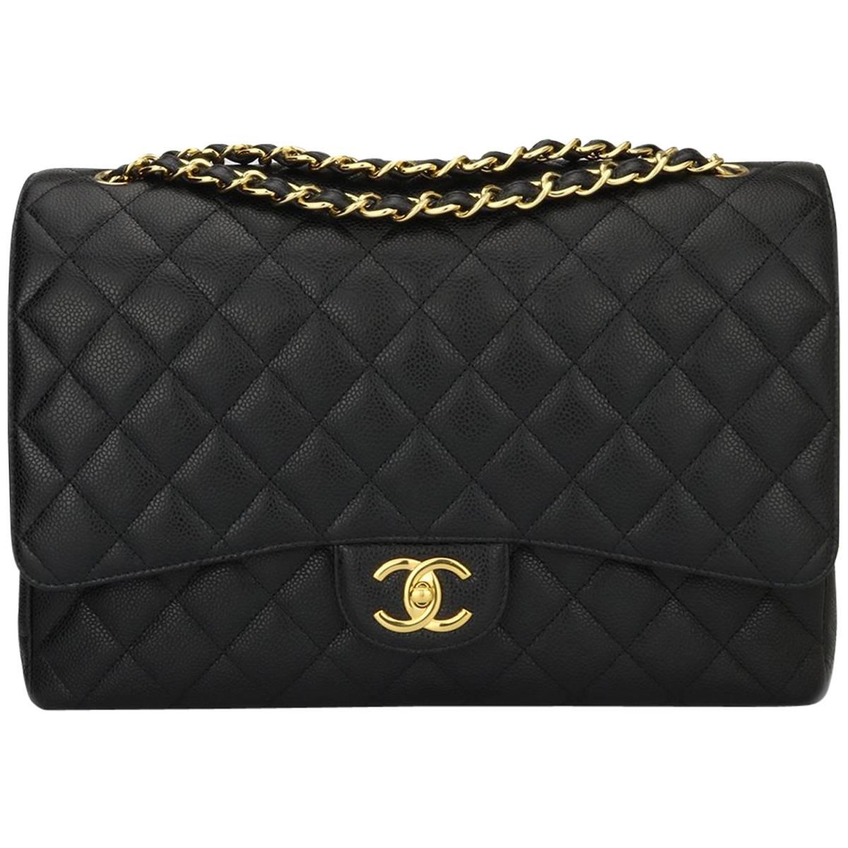 CHANEL Black Caviar Maxi Double Flap with Gold Hardware 2016