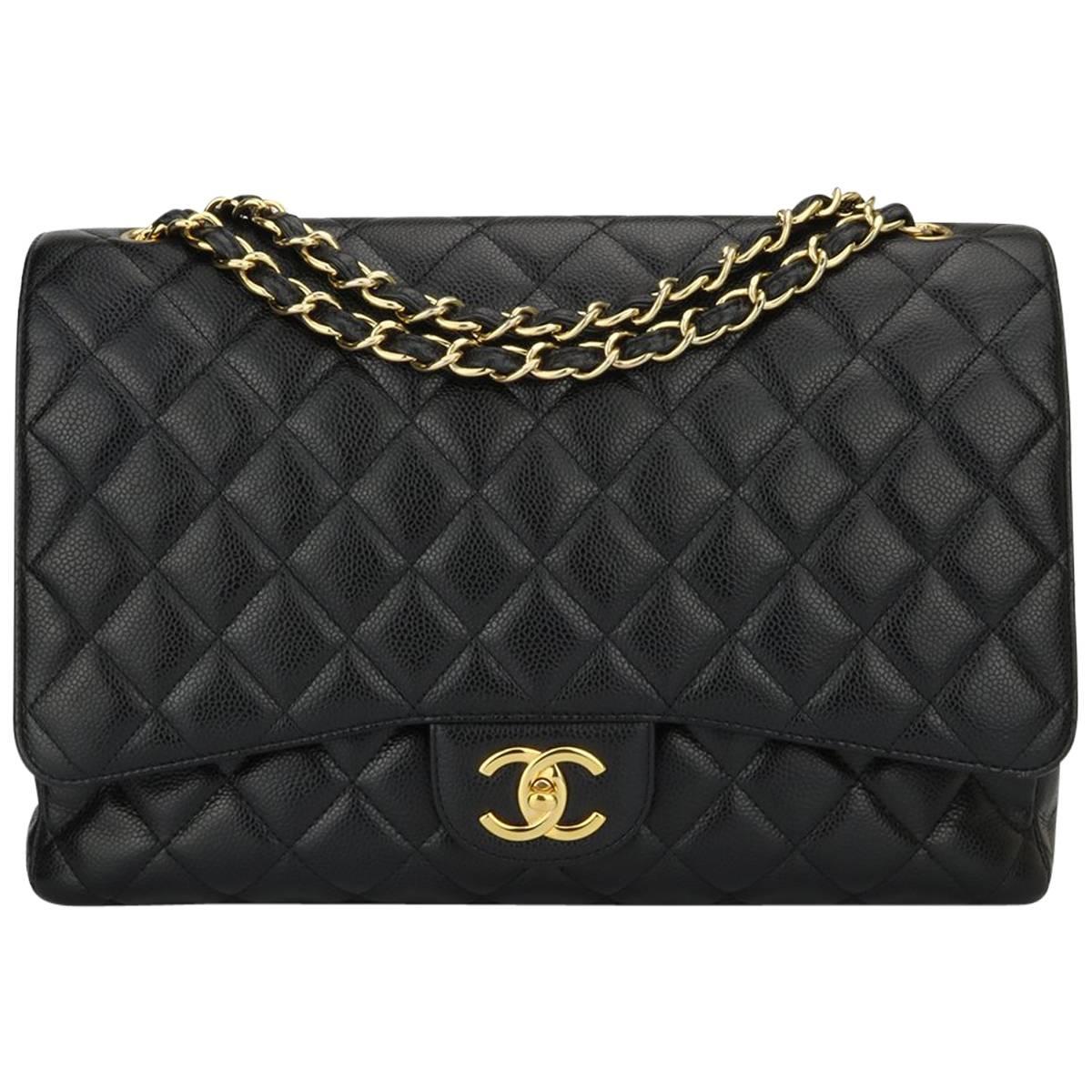 CHANEL Black Caviar Maxi Double Flap with Gold Hardware 2012