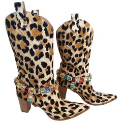 Casadei Leopard Canvas Rhinestone Cowgirl Boots 