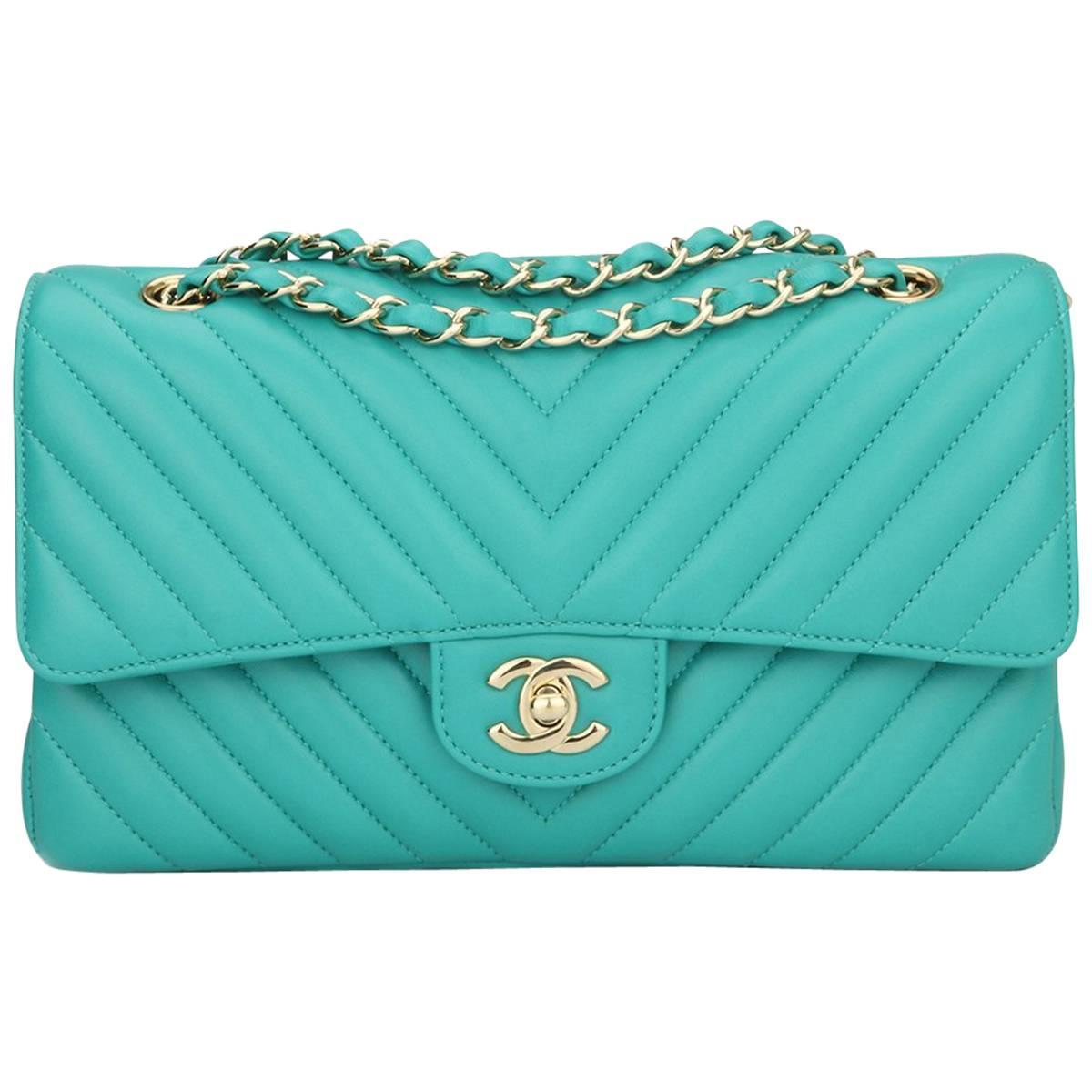 CHANEL Double Flap M/L Chevron Turquoise Lambskin Champagne Gold Hardware  2017 at 1stDibs