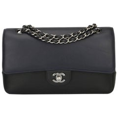 CHANEL Double Flap M/L  Black/Navy Calfskin with Light Gum Metal Hardware 2016