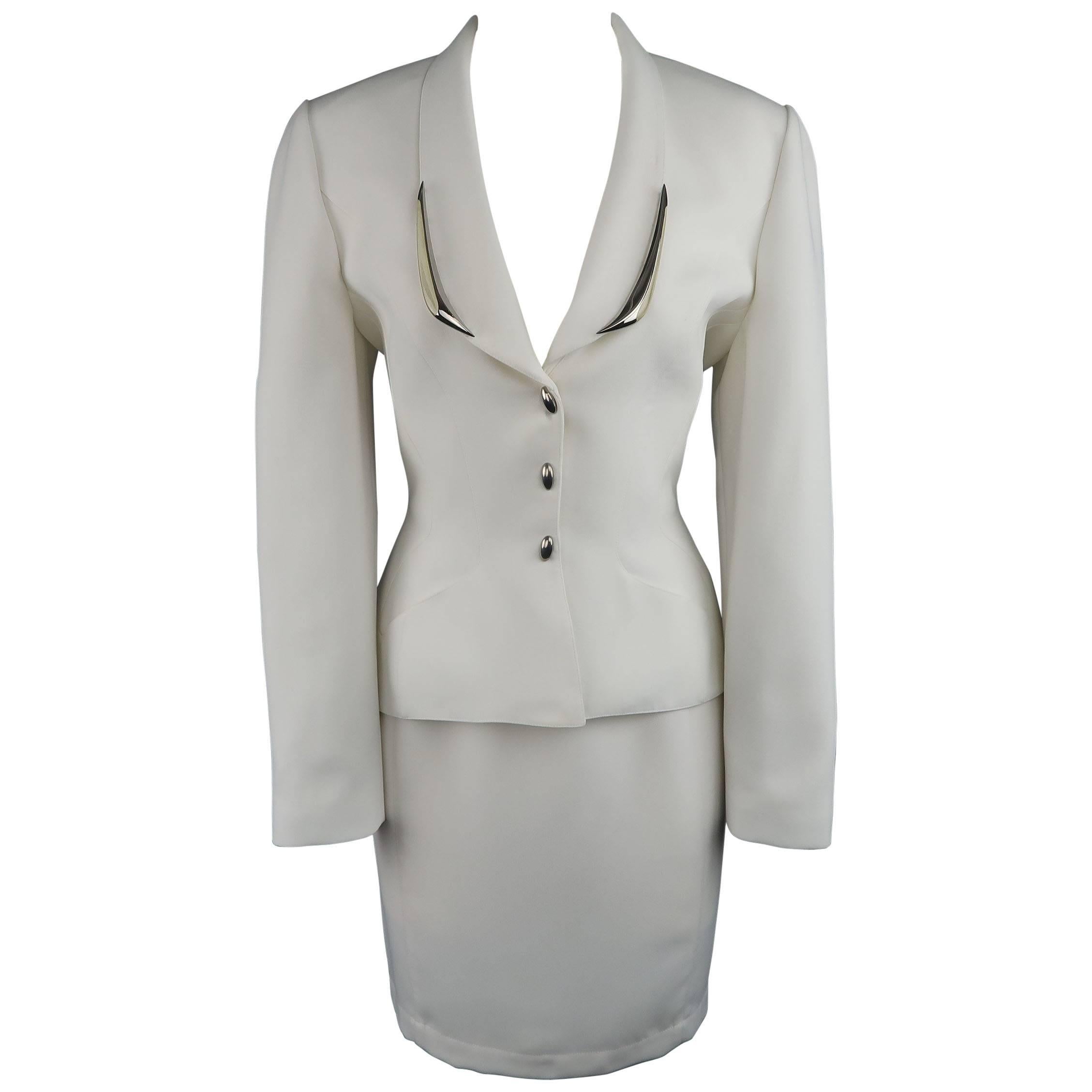 Thierry Mugler Cream Silver Enamel Stud Shawl Collar Skirt Suit, Size 10