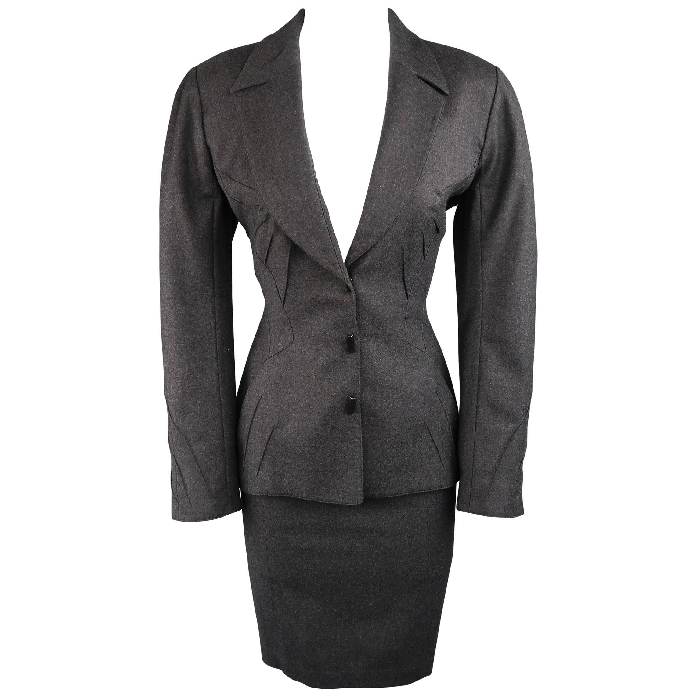 Thierry Mugler Grey Wool Piping Detailed Skirt Suit, Size 10