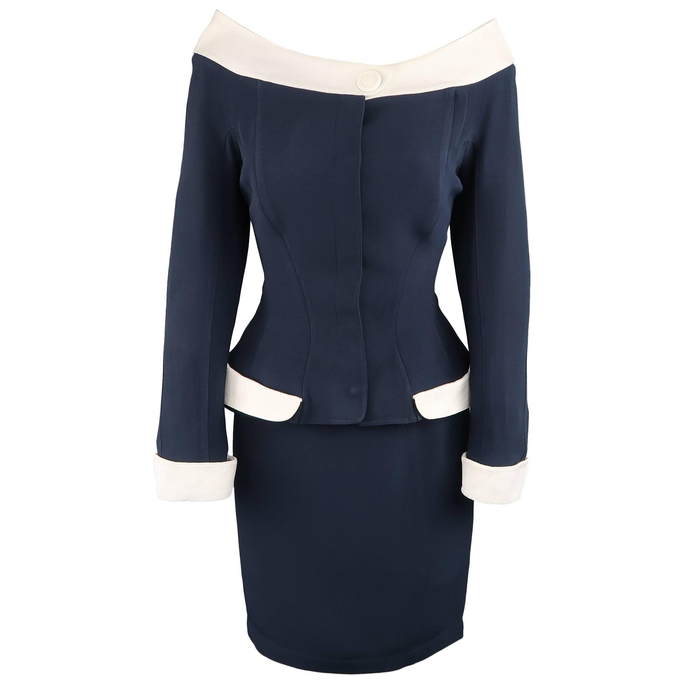 THIERRY MUGLER Size 10 Navy & White Off The Shoulder Portrait Collar Skirt Suit