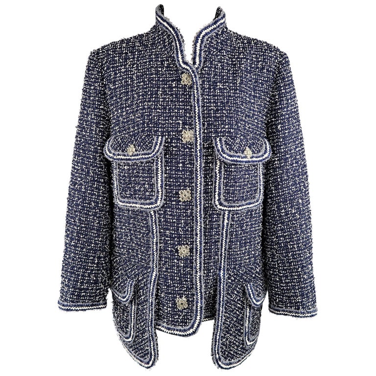 CHANEL Size 16 Navy Blue and White Boucle Tweed Layered Pocket Jacket For  Sale at 1stDibs