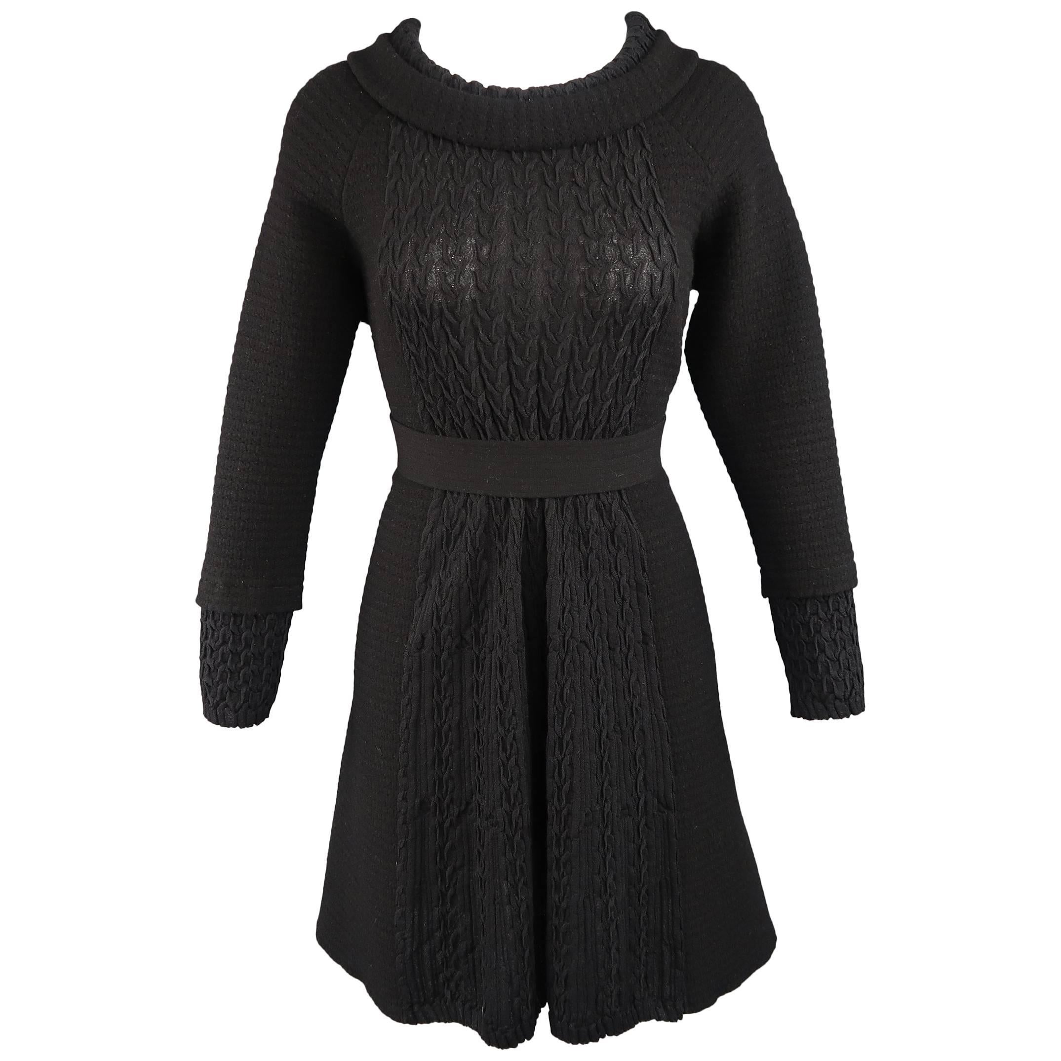 Chanel Dress - Size 8 - Black Wool Knit Textured Panel Lion Head Button A Line
