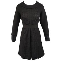 Chanel Dress - Size 8 - Black Wool Knit Textured Panel Lion Head Button A Line