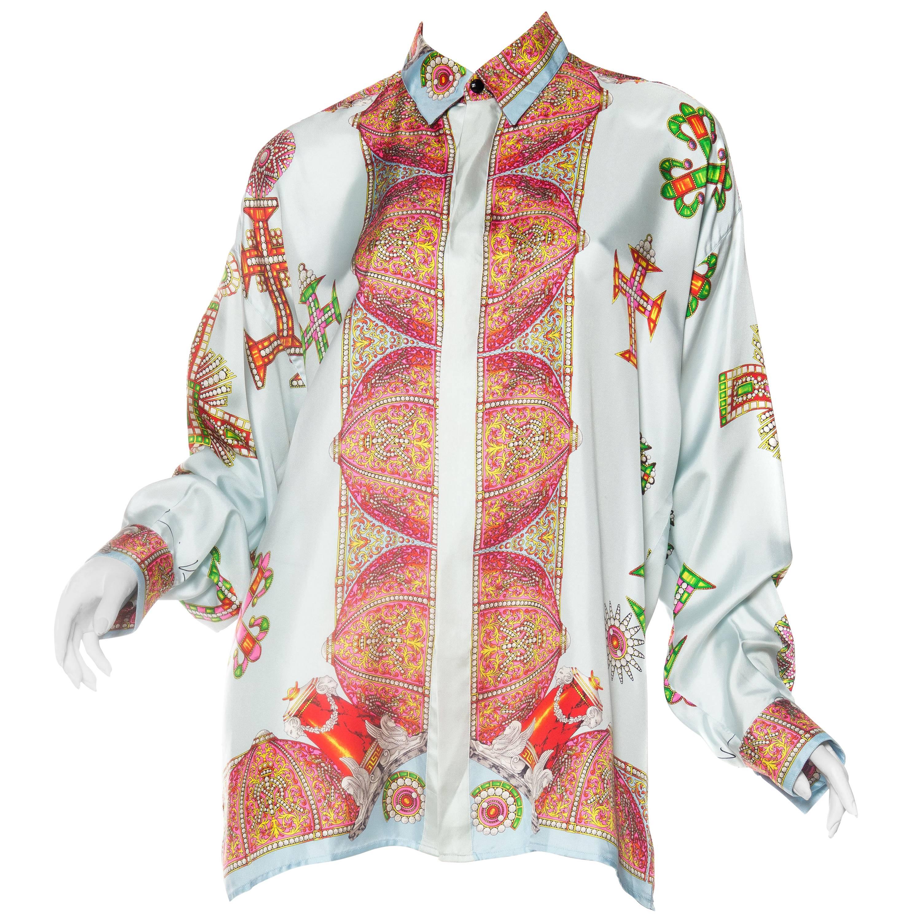 1990s Gianni Versace Baroque Crystal Cross Silk Shirt