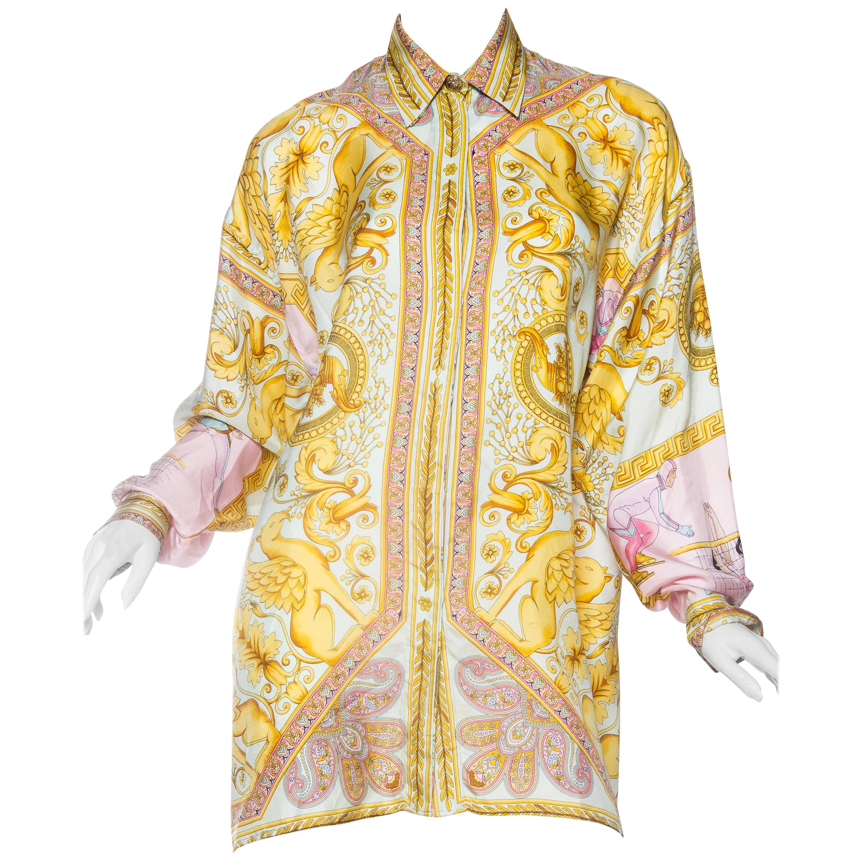 1990s Gianni Versace Gold Baroque Print Blouse