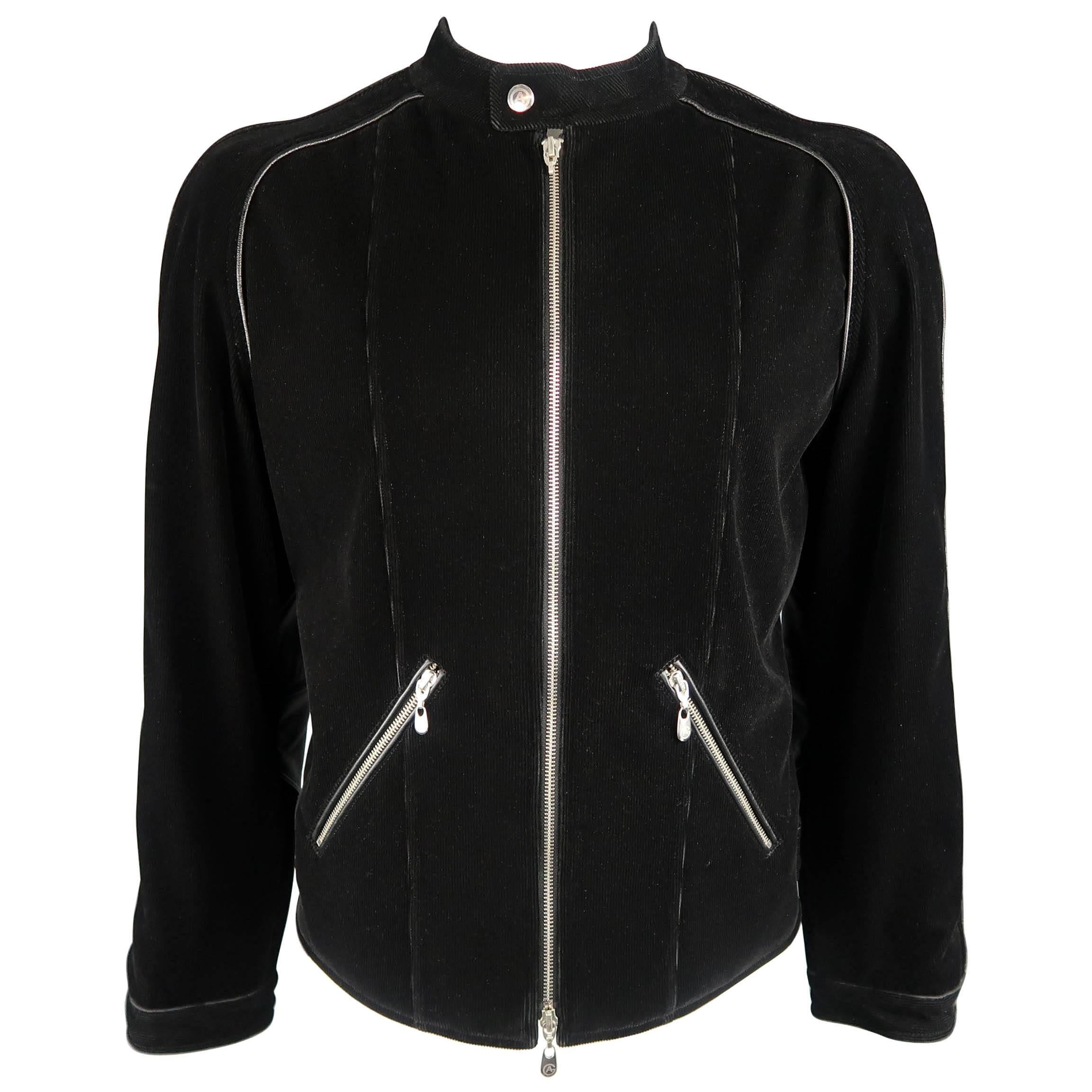 Armani Collezioni Black Corduroy and Leather Biker Jacket, Size XL