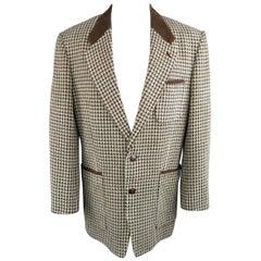 Matsuda Vintage 40 Mint and Brown Houndstooth Wool Leather Trim Jacket