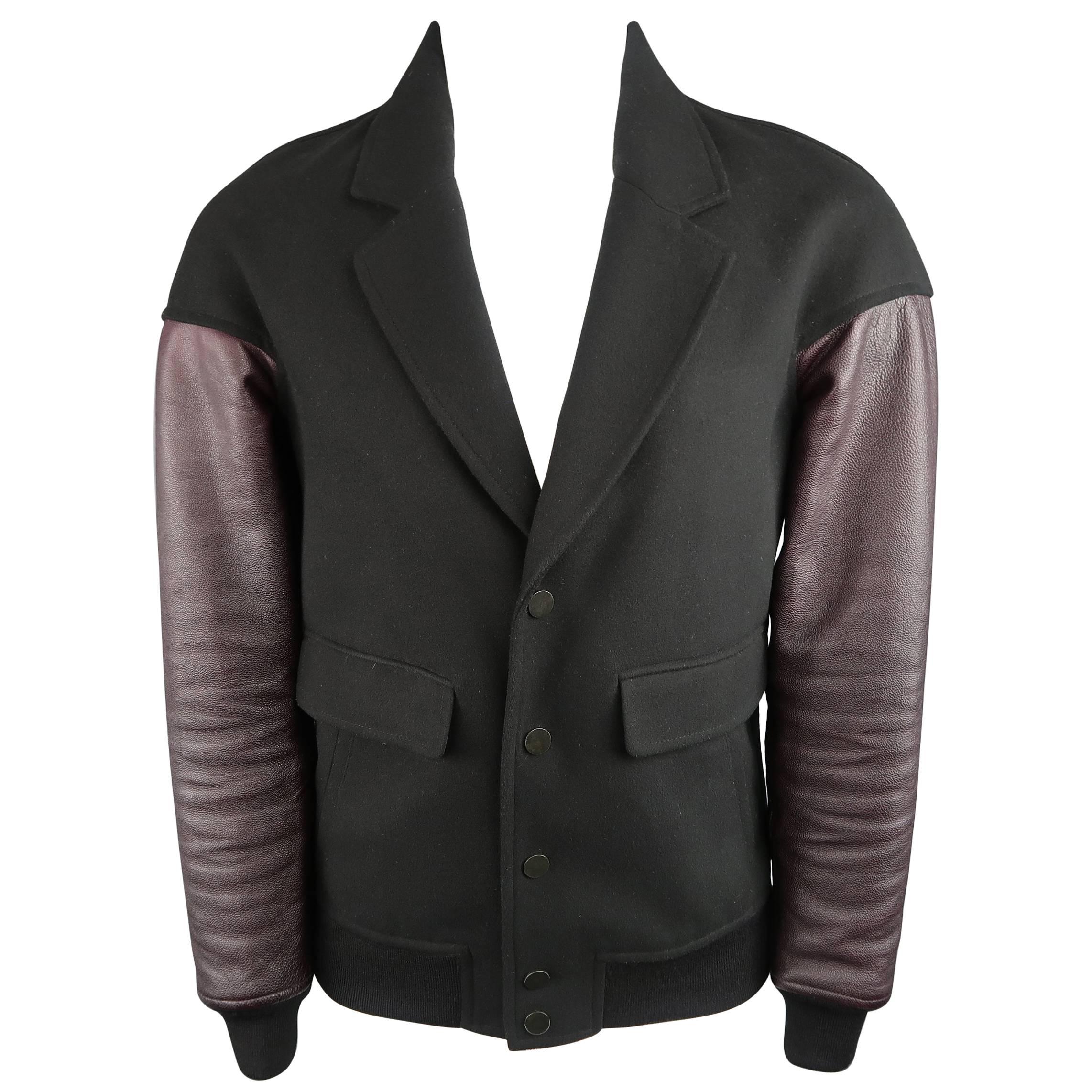 Men's ALEXANDER WANG XS Black Wool Burgundy Leather Sleeve Notch Lapel Jacket