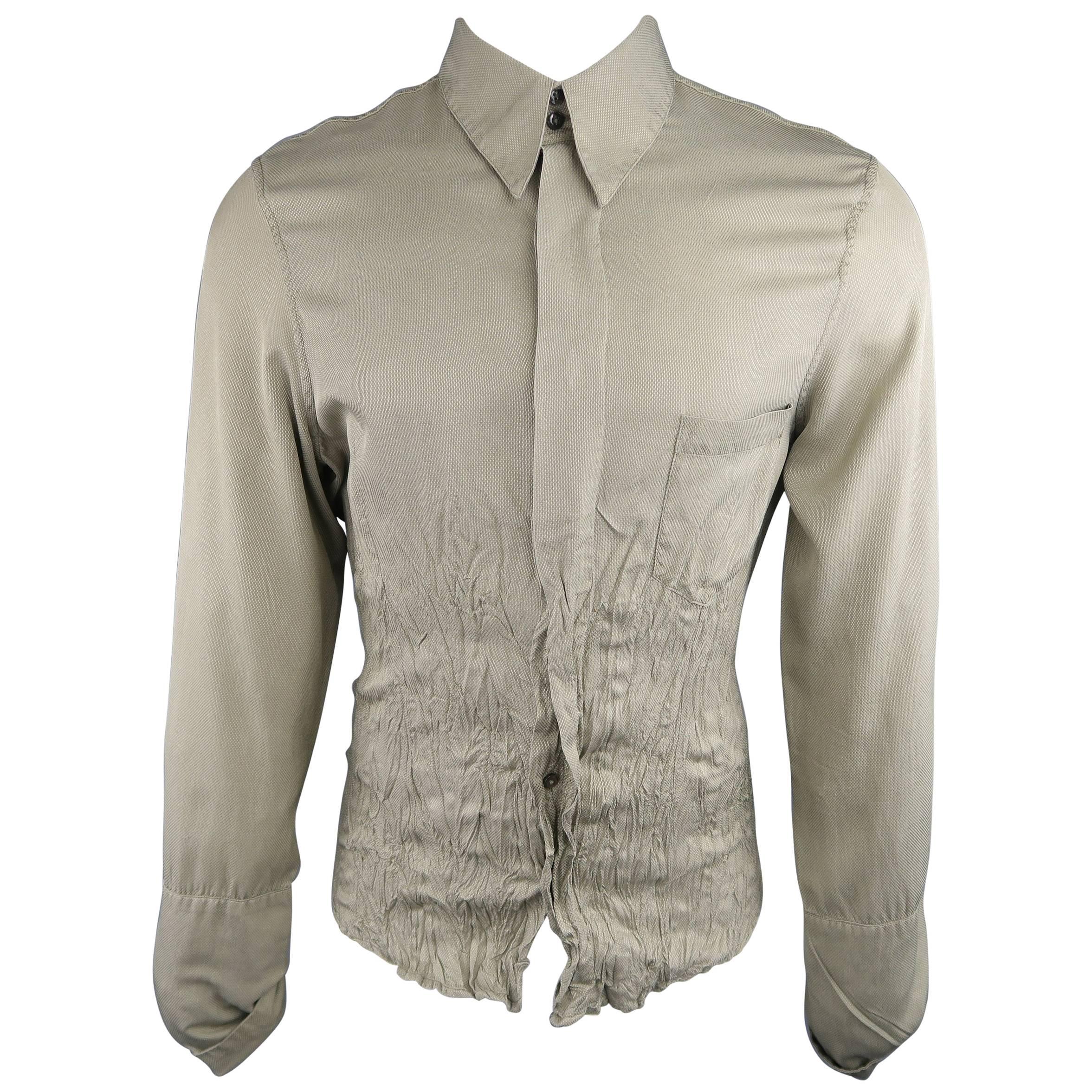 ROBERTO CAVALLI Size L Olive Nailhead Cotton Wrinkled Bottom Long Sleeve Shirt