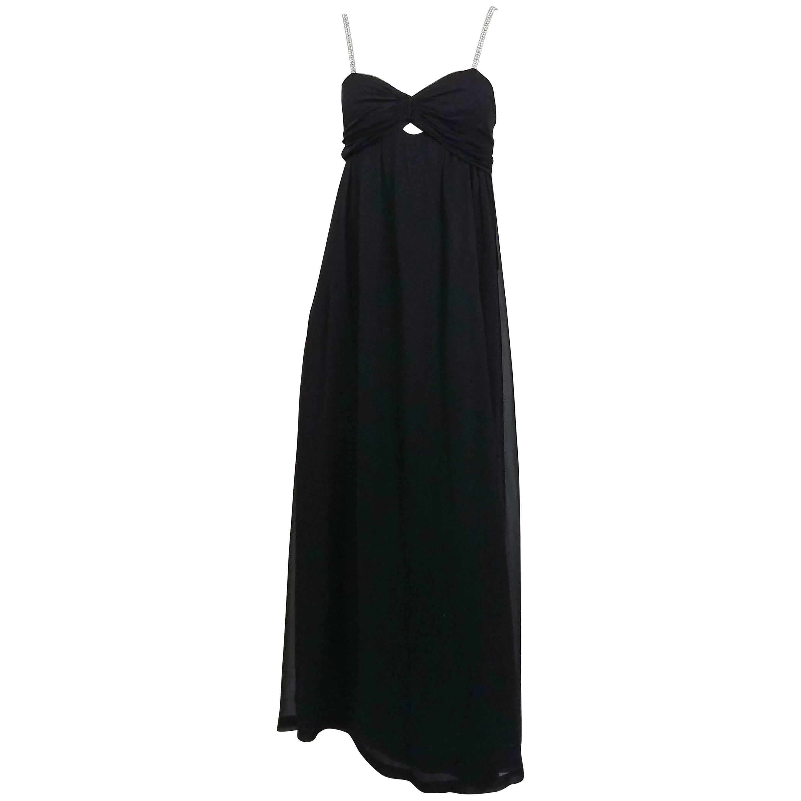 1930s Black Chiffon Gown w/ Rhinestone Straps For Sale