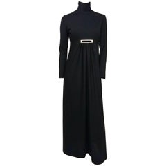 1970s Black Jersey Maxi Dress w/ Rhinestone Buckle