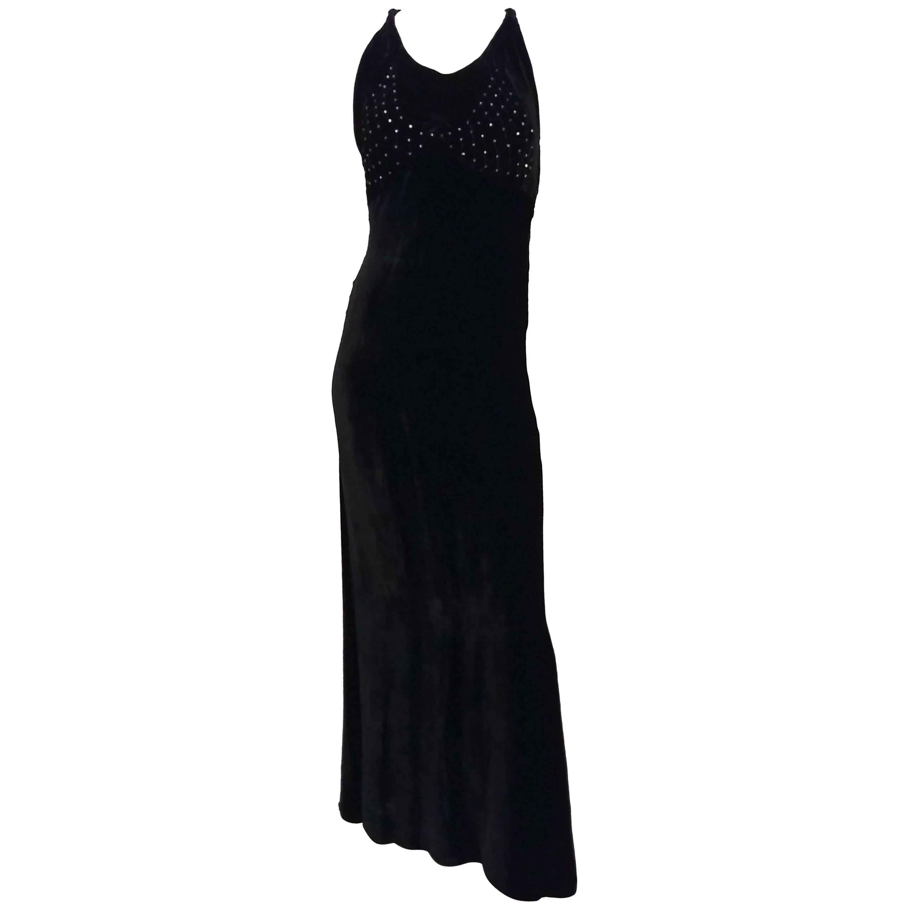 1930s Black Silk Velvet Evening Dress w/ Rhinestone Bodice For Sale