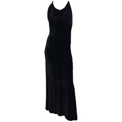 1930s Black Silk Velvet Evening Dress w/ Rhinestone Bodice