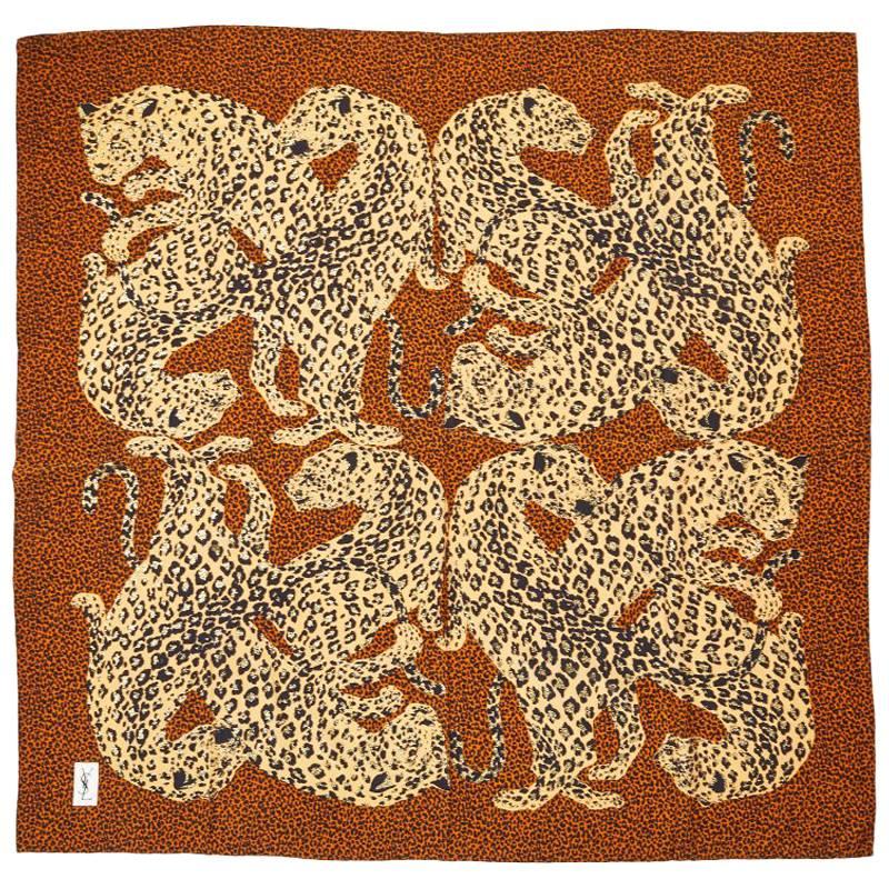 Yves Saint Laurent Leopard Pattern Silk Scarf with Gold Metallic Embellishment