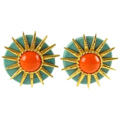 Philippe Ferrandis Paris Signed Clip-on Earrings Oversized Turquoise Ceramic Sun