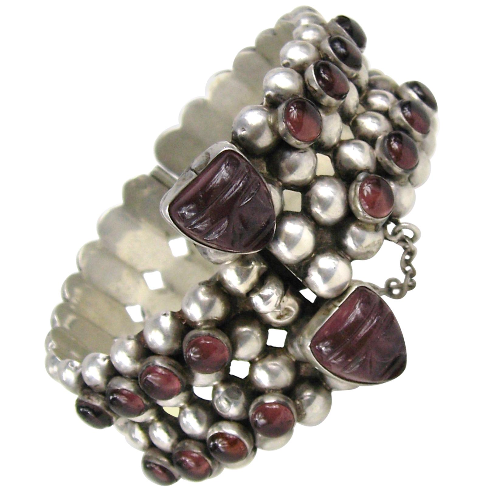 Pulsera Mexicana de Plata de Ley Amatista Máscara Azteca