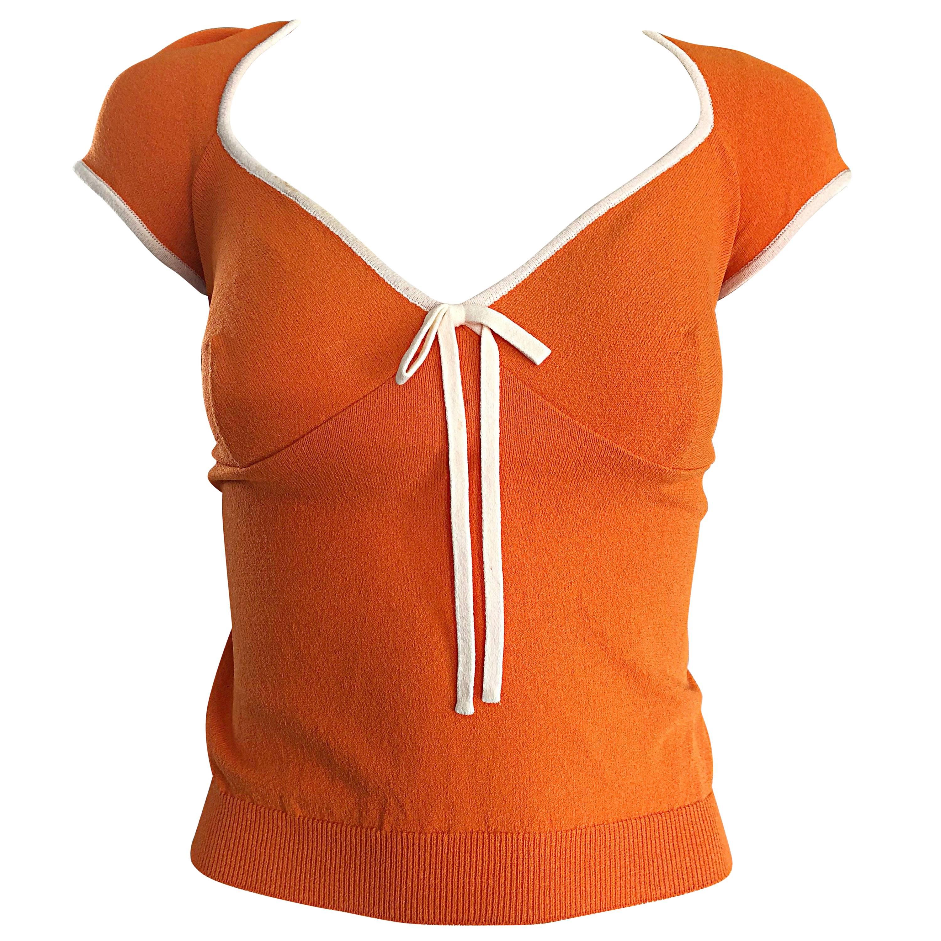 1990s Moschino Cheap & Chic Orange + White Vintage Cap Sleeve 90s Blouse Top