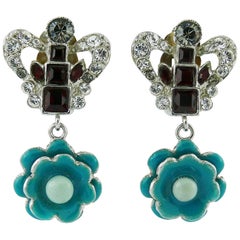 Christian Lacroix Vintage Jewelled Crown and Flower Dangling Earrings
