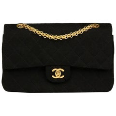Retro Chanel Black Quilted Jersey Fabric Medium Classic Double Flap 