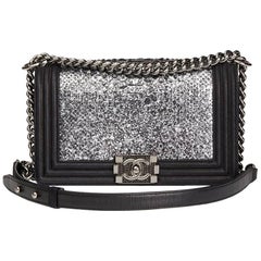 Chanel Silver Python Leather & Black Metallic Goatskin Leather Medium Le Boy