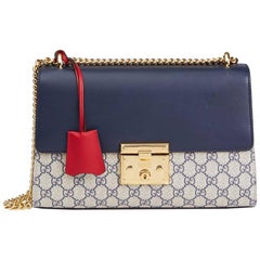 Gucci, Blue, White, Red Calfskin GG Supreme Canvas Padlock Shoulder Bag 