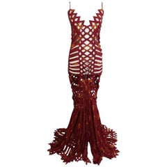 Gianfranco Ferre red fishnet sheer mesh off shoulder gown dress laser cut 2000s