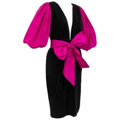 1980s Yves Saint Laurent/YSL Black Velvet  Dress with Pink Balloon Sleeves & Bow