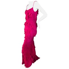 John Galliano Vintage Hot Pink Ruffled Silk Chiffon Evening Column Dress
