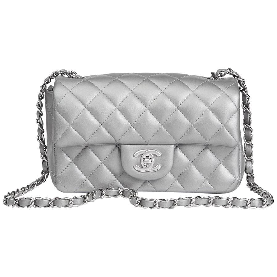 Chanel Silver Metallic Quilted Lambskin Rectangular Mini Flap Bag at 1stDibs