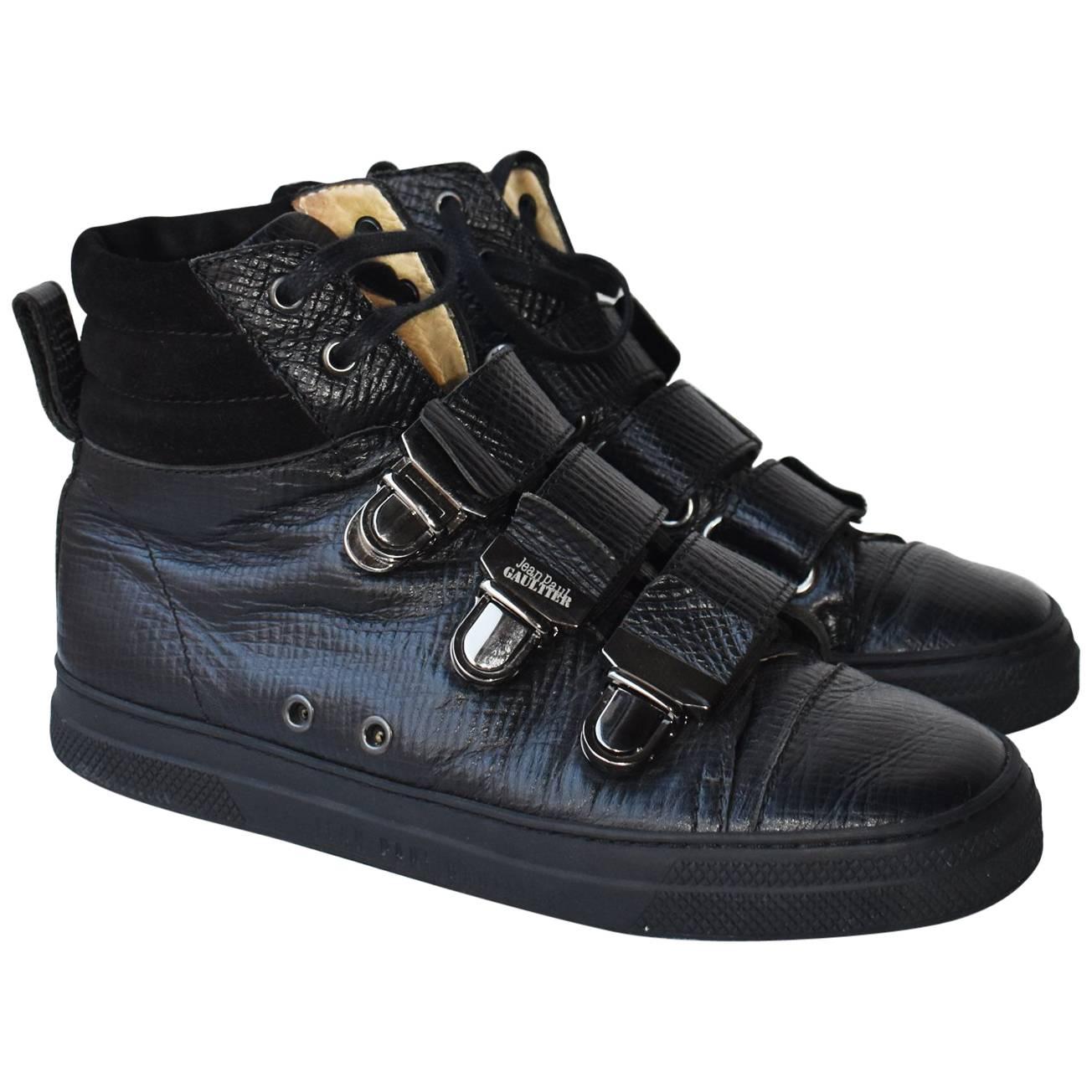 Jean Paul Gaultier Black Leather High Top Trainers For Sale