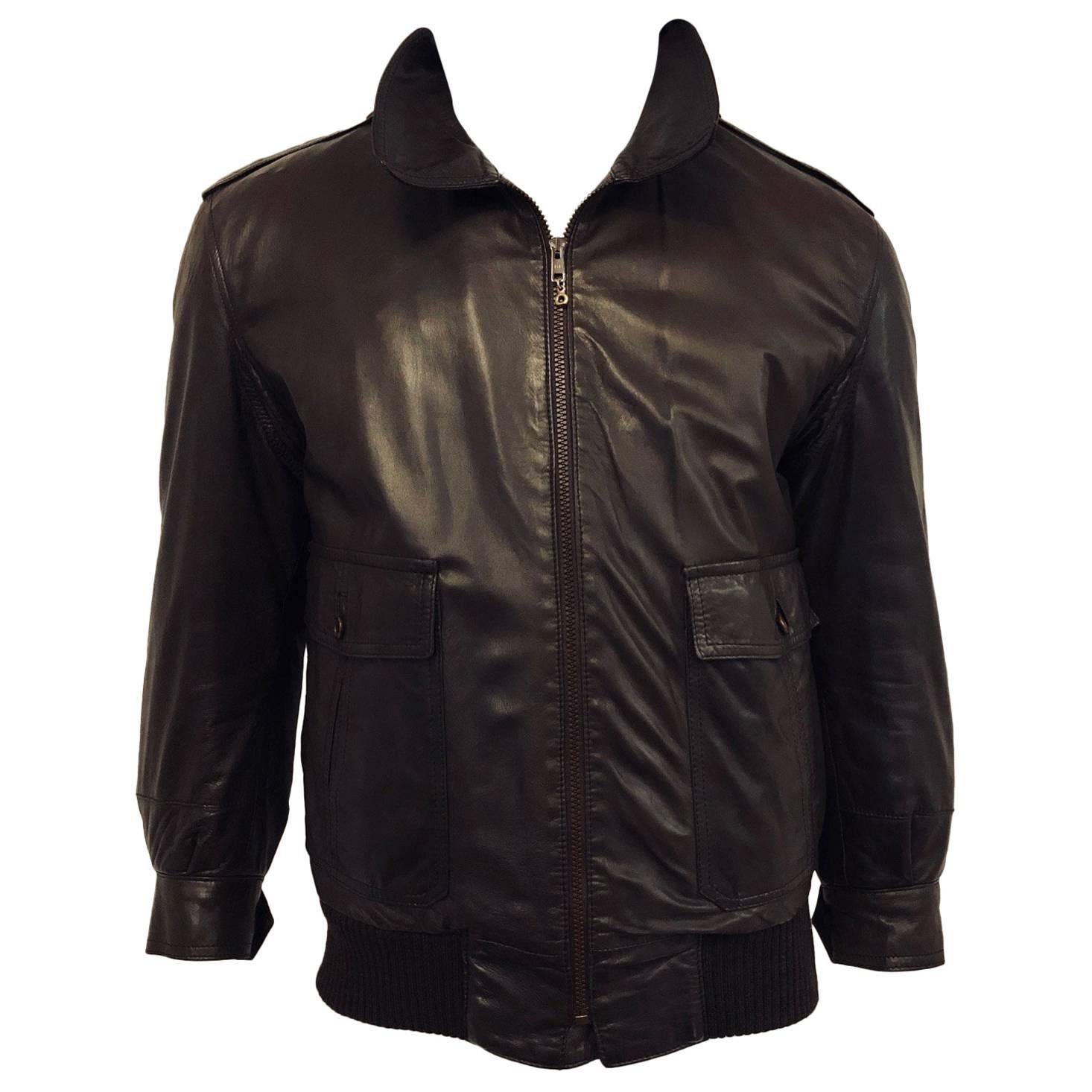 Men's Bodacious Bijan Brown Bomber Jacket in Leather w Mink Lining, Sz 44 For Sale