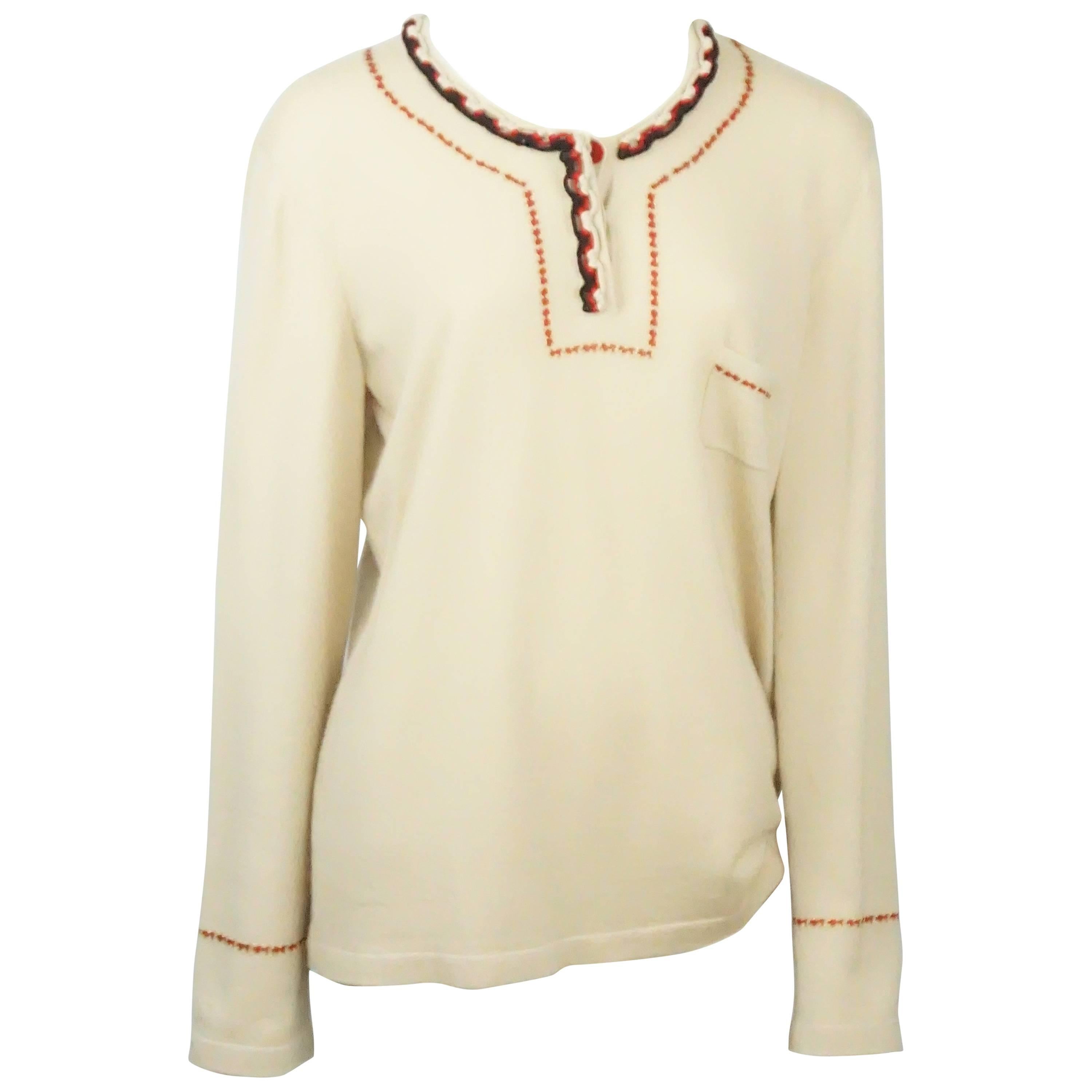 Chanel Tan Cashmere Sweater with Red and Black Cord Trim - 48 - 06A