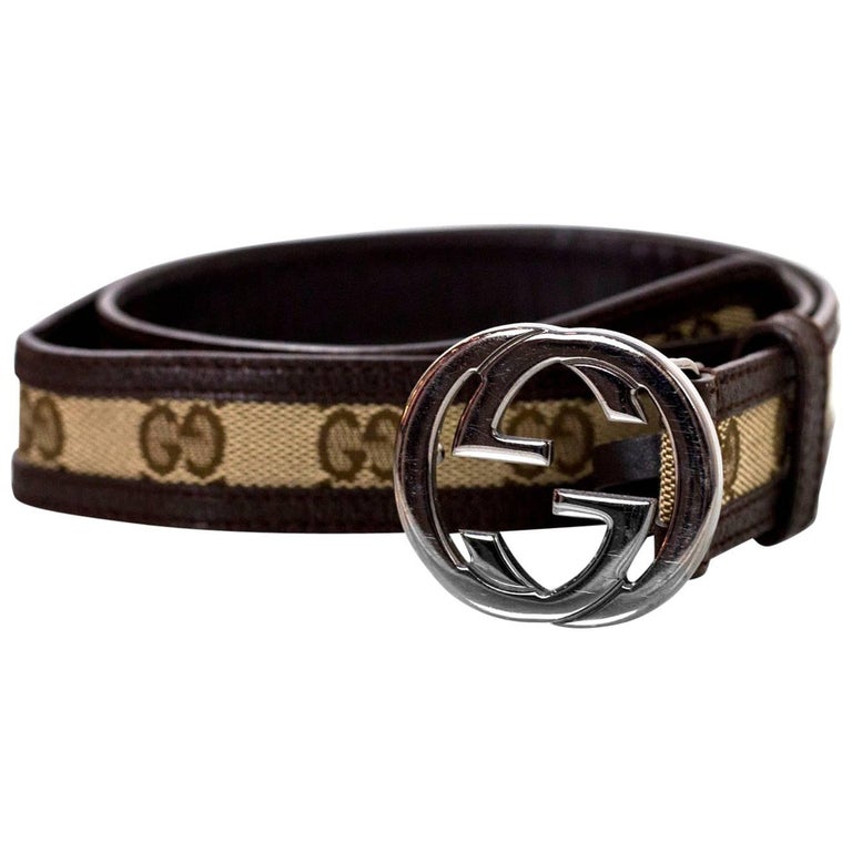End øve sig Risikabel Gucci Brown Monogram and Leather GG Belt Sz 80cm/32" For Sale at 1stDibs