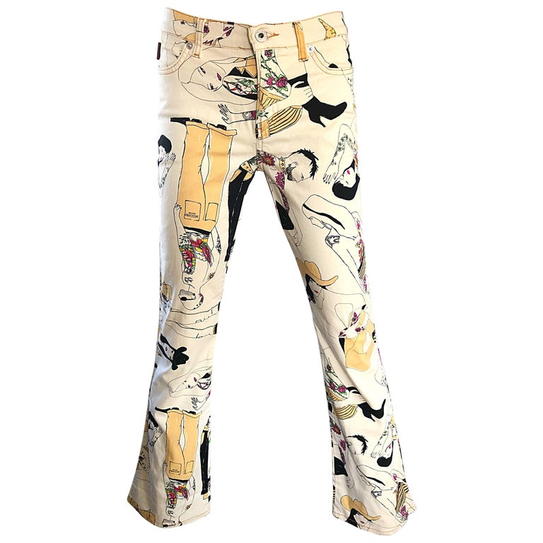 Moschino Vintage Flare Leg Novelty Print Size 26 Trousers Jeans, 1990s For  Sale at 1stDibs